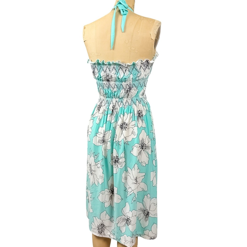 2000s Floral Halter Dress Turquoise Smocked Waist Tropical Beachy Boho Size S - Picture 5 of 8